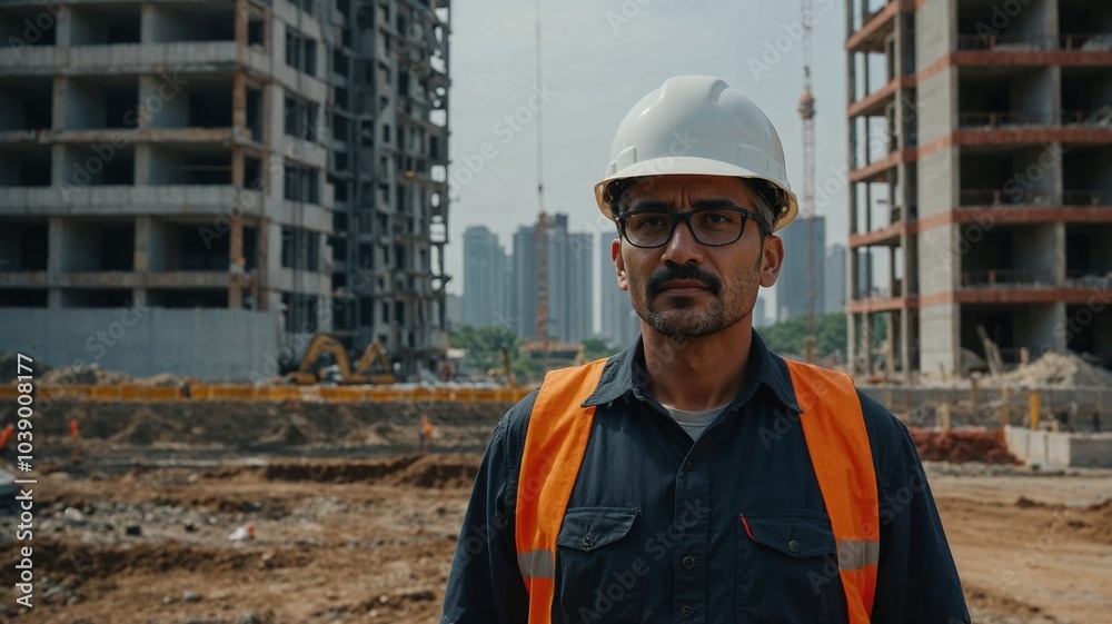 close-up of male engineer or architect in helmet against background of residential complex construction close-up of male engineer or architect in helmet against background of residential complex construction