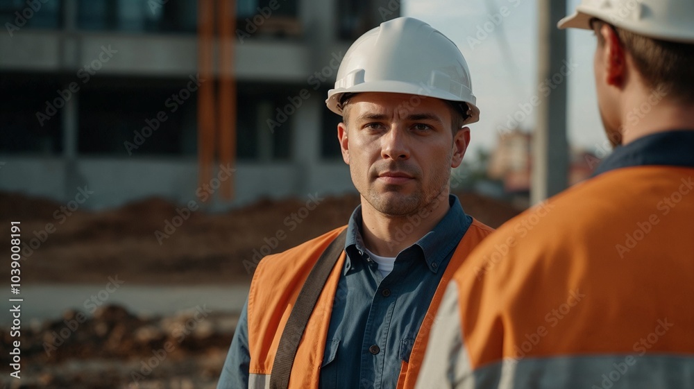 close-up of male engineer or architect in helmet against background of residential complex construction close-up of male engineer or architect in helmet against background of residential complex construction