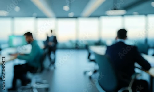 Modern Business office with blurred people, with blurred bokeh background. Modern open space office interior or call centre with blurred business people.