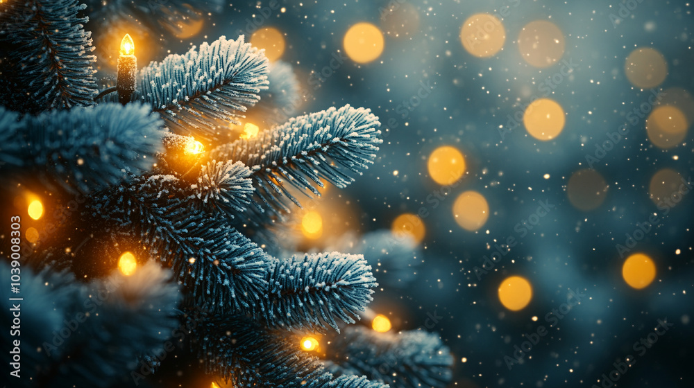 Fototapeta premium Close-up of Christmas tree with twinkling white lights casting warm glow.