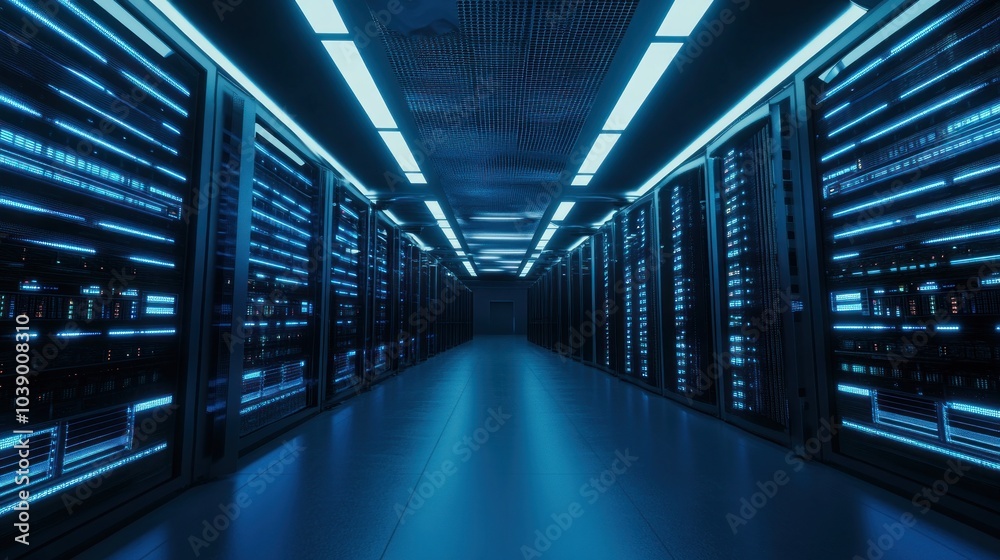 Server Room Interior: Blue Lights and Modern Technology Server Room Interior: Blue Lights and Modern Technology