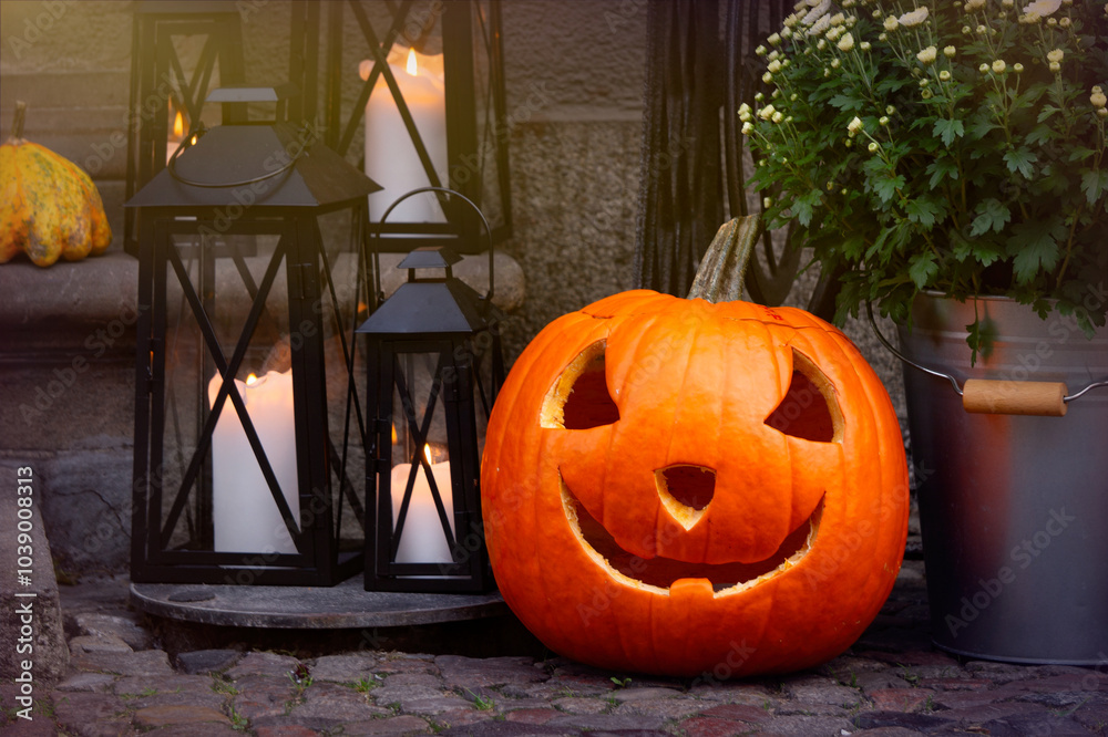 Obraz premium Halloween carved pumpkin. Traditional holiday decorations