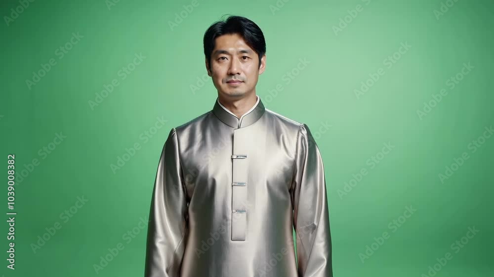 A man in traditional Chinese changshan stands calmly against a bright green background, looking directly at the camera, illuminated by soft studio lighting A man in traditional Chinese changshan stands calmly against a bright green background, looking directly at the camera, illuminated by soft studio lighting