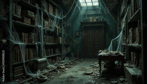 An old, dusty library filled with cobwebs and eerie, forgotten books in a mysterious atmosphere