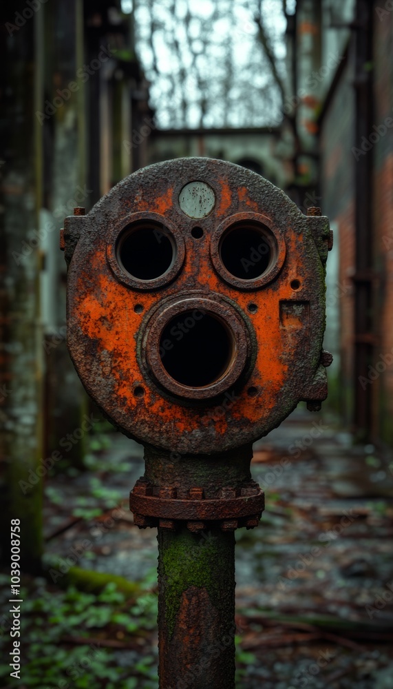A rusty old industrial pipe with a face-like design, the orange paint peeling off. A rusty old industrial pipe with a face-like design, the orange paint peeling off.