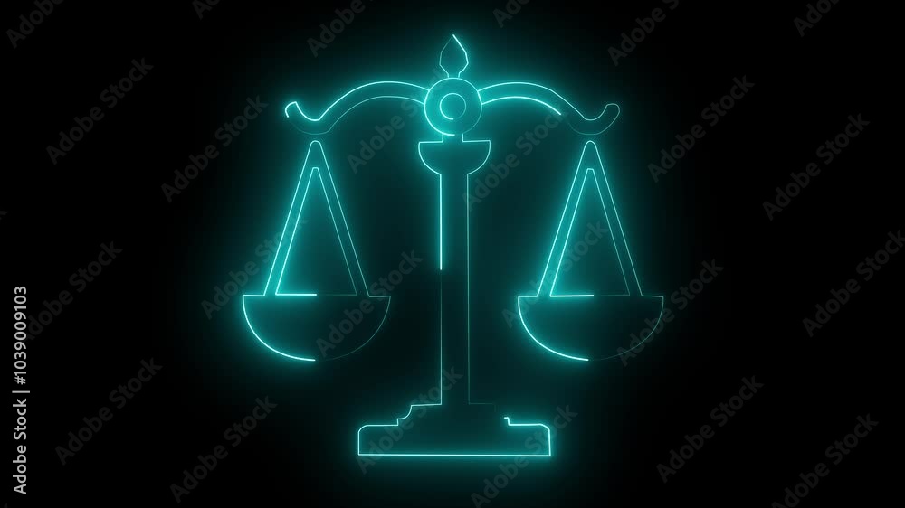 Glowing neon line Scales of justice icon isolated on black background. Court of law symbol. Balance scale sign. 4K Video motion graphic animation