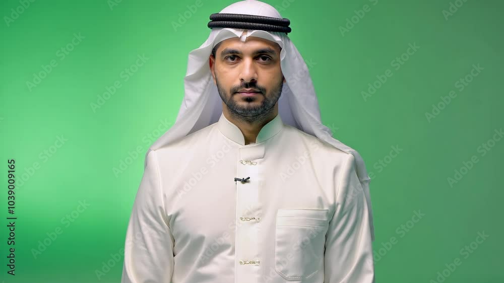 young man in a traditional Saudi Arabian thobe, standing calmly in front of a bright green screen, looking directly into the camera. The camera remains static with soft studio lighting. young man in a traditional Saudi Arabian thobe, standing calmly in front of a bright green screen, looking directly into the camera. The camera remains static with soft studio lighting.