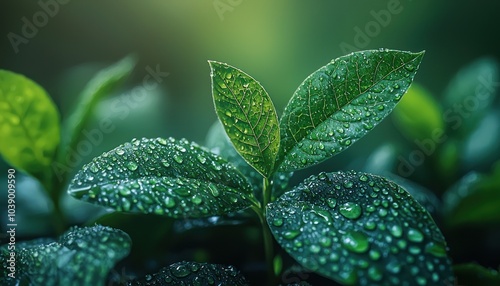 Dewdrops on Lush Green Leaves in a Tranquil Forest Setting