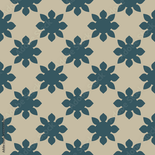 Vector seamless pattern in retro vintage style. Simple geometric floral ornament. Abstract background texture with bold flower silhouettes, sun, repeat tiles. Teal green and gold. Repeated geo design
