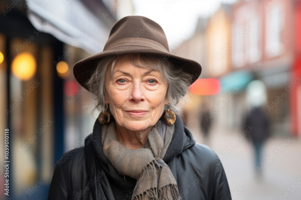 senior woman wearing hat and scarf on the city street. focus on face senior woman wearing hat and scarf on the city street. focus on face