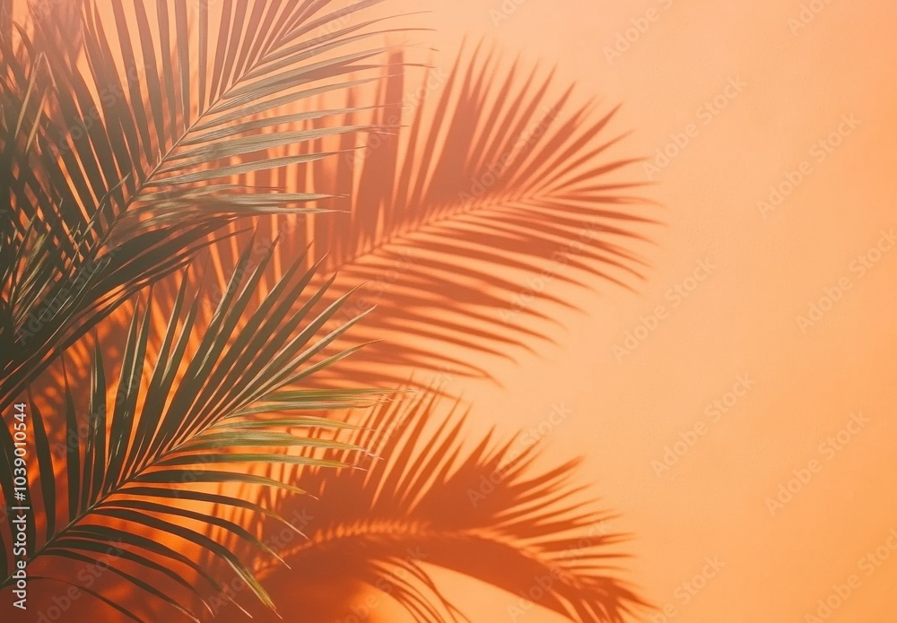 close-up of palm leaves casting shadows on an orange wall close-up of palm leaves casting shadows on an orange wall
