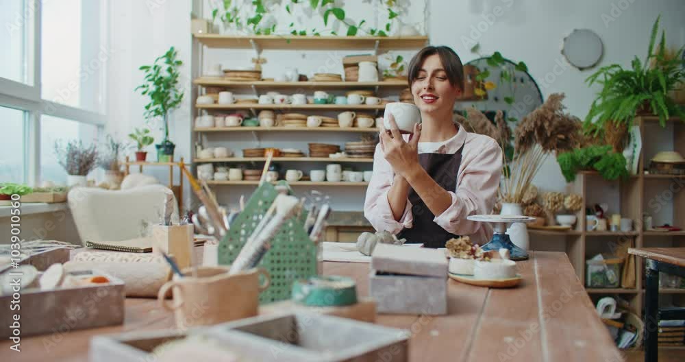 Positive Caucasian girl sitting at desk in bright studio. Looking at ceramic mug. Holding object with both hands. Smiling to herself. Proud about end product. Well done job. Wearing apron. Positive Caucasian girl sitting at desk in bright studio. Looking at ceramic mug. Holding object with both hands. Smiling to herself. Proud about end product. Well done job. Wearing apron.