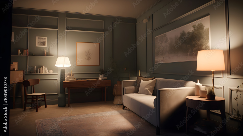 Elegantes Wohnzimmer mit gedämpfter Beleuchtung und Holzmöbeln - Ki generiert Elegantes Wohnzimmer mit gedämpfter Beleuchtung und Holzmöbeln - Ki generiert