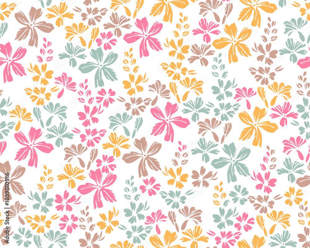 Tiny meadow buttercup flowers endless pattern vector design. Millefleurs rustic motif. Floral wallpaper print with flower truss elements. Buttercups bloom spring print. Tiny meadow buttercup flowers endless pattern vector design. Millefleurs rustic motif. Floral wallpaper print with flower truss elements. Buttercups bloom spring print.