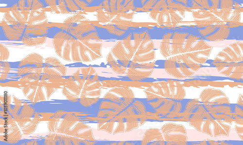 Philodendron tropical foliage floral repeat pattern over stripes background. ...