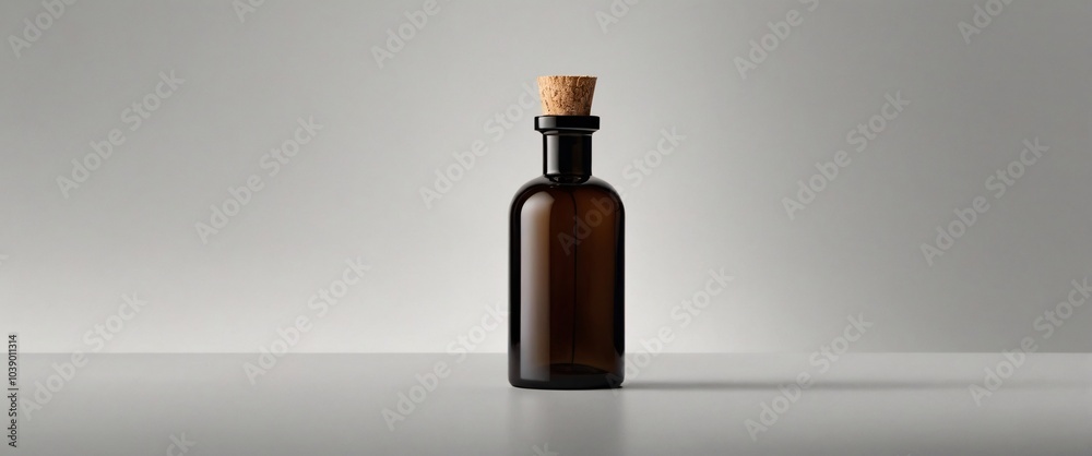 Clear glass bottle filled with a dark brown liquid, isolated on a black background