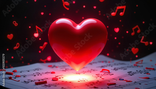 Red heart floating above sheet music surrounded by flying notes