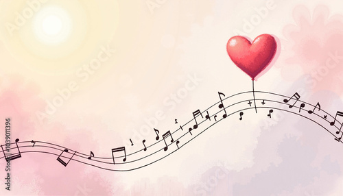 Heart balloon floating with music notes under soft sunrise sky