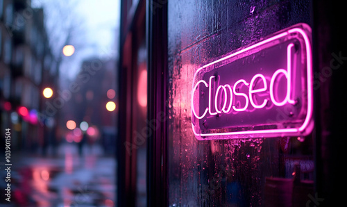 A brightly lit neon “Closed” sign glows in violet color. Glass door