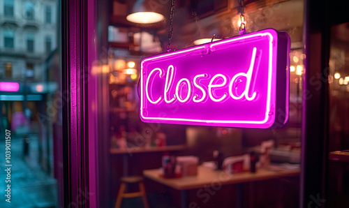 A brightly lit neon “Closed” sign glows in violet color. Glass door lights