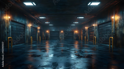 Dark Garage with Wet Floor and Lights - 3d Illustration
