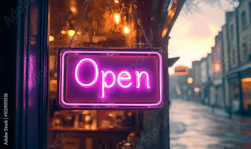 A brightly lit neon “OPEN” sign glows in violet color, welcoming patrons to a classic diner. Glass door