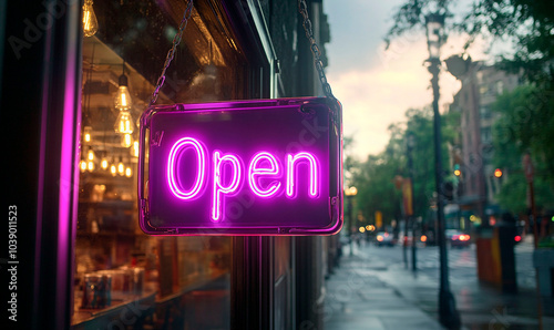 A brightly lit neon “OPEN” sign glows in violet color, welcoming patrons to a classic diner. Glass door