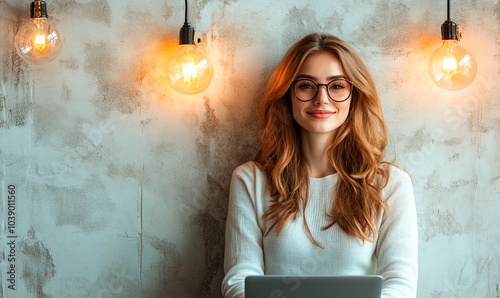 Smiling woman sitting on the floor with laptop in hands next to an orange light 