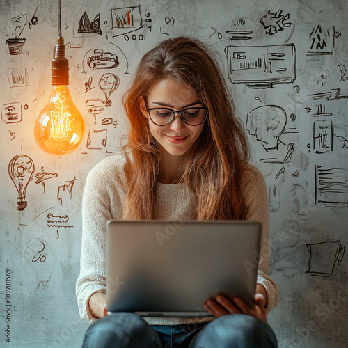 Smiling woman sitting on the floor with laptop in hands next to an orange light 