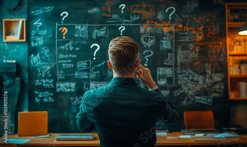 Businessman looking at chalkboard with questions marks 