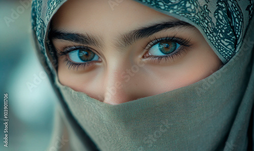 A close up portrait of young Muslim girl in niqab