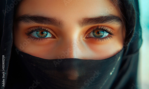 A close up portrait of young Muslim girl in niqab