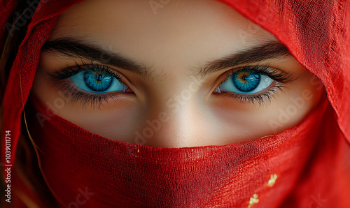 A close up portrait of young Muslim girl in red niqab. Blue eyes