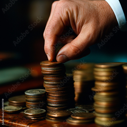 A hand adds a coin to a stack of coins, representing financial growth and wealth