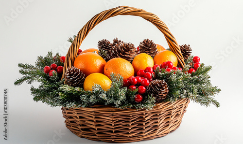 Christmas gift basket, with pinecones and fruits on white background