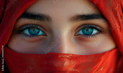 A close up portrait of young Muslim girl in red niqab. Blue eyes