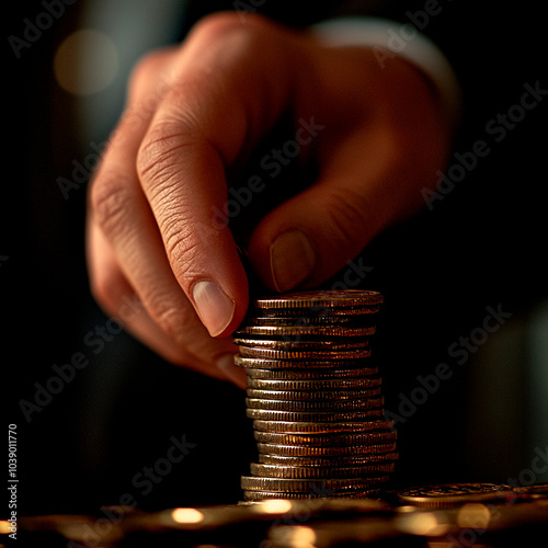 A hand adds a coin to a stack of coins, representing financial growth and wealth