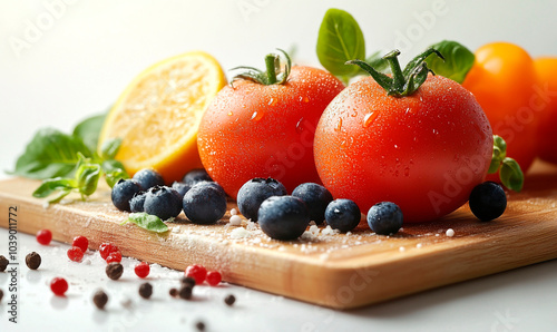 vegetables on a wooden cutting board. Cooking ingredients on a white background. 