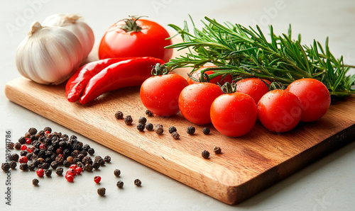 vegetables on a wooden cutting board. Cooking ingredients on a white background. 