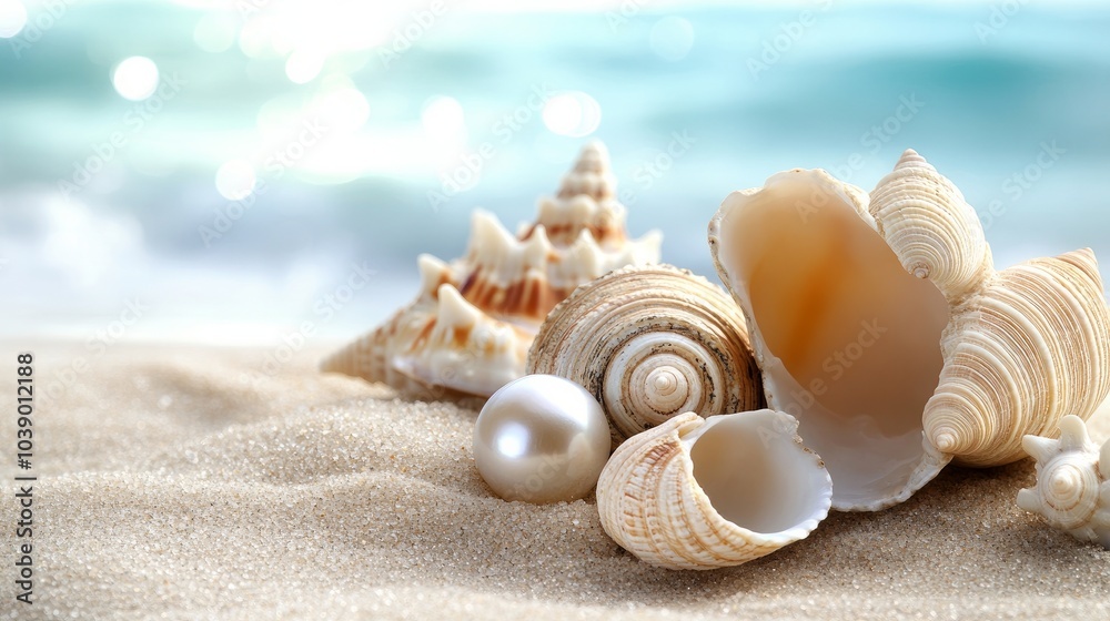 On the sandy beach, a pearl and seashells lay. On the sandy beach, a pearl and seashells lay.