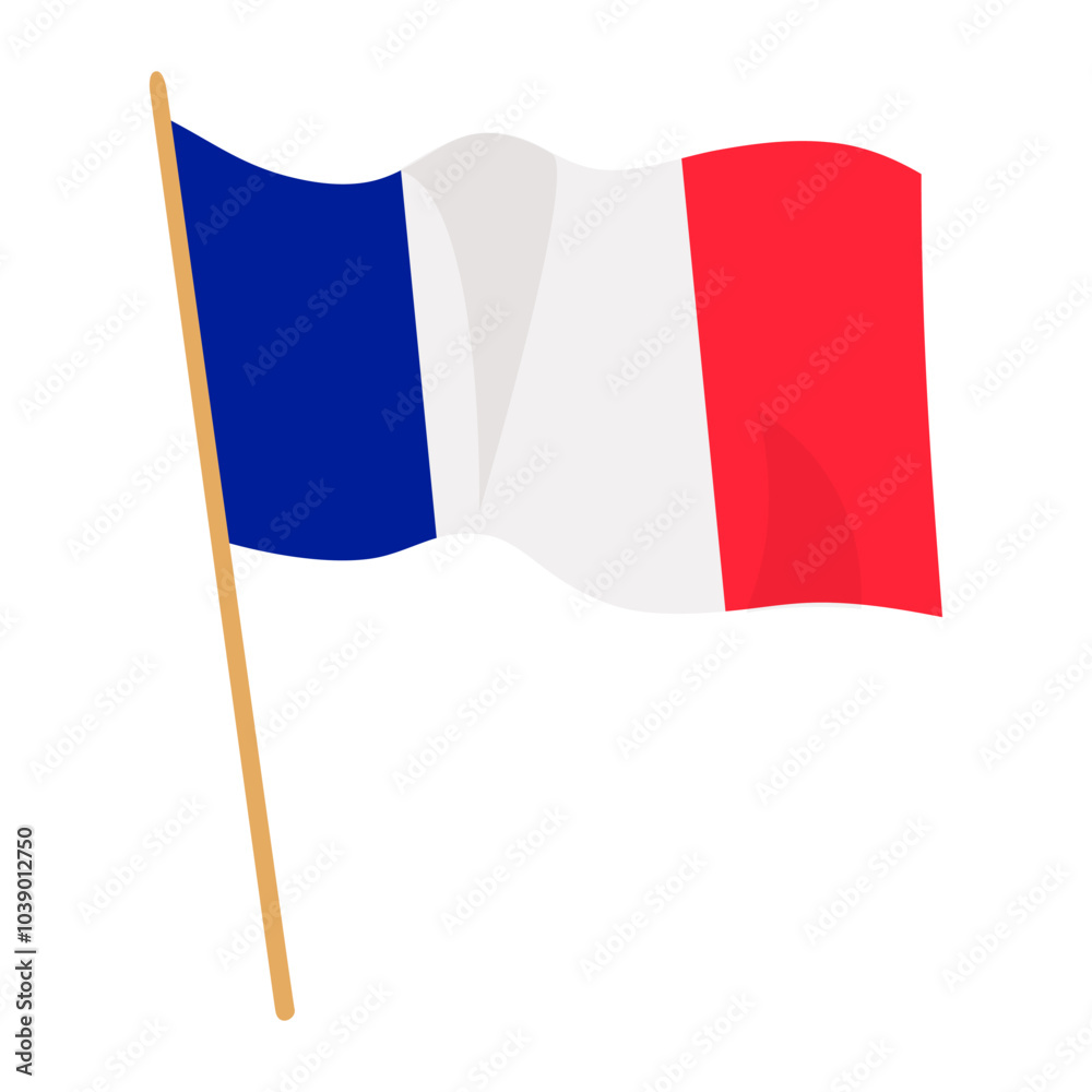 French Flag icon vector in flat style. France flag modern icon. Waving in the Wind on Pole