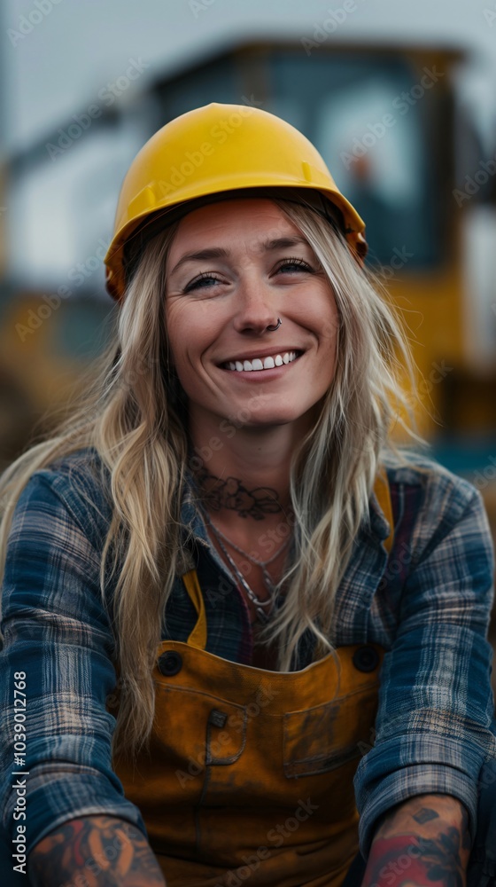 Smiling female construction worker wearing a yellow hard hat and plaid shirt at a construction site during the day