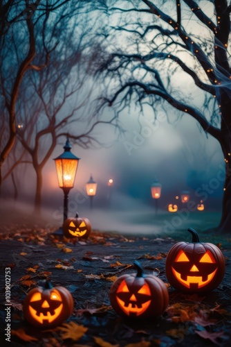 Halloween pumpkin head jack lanterns in foggy forest at night