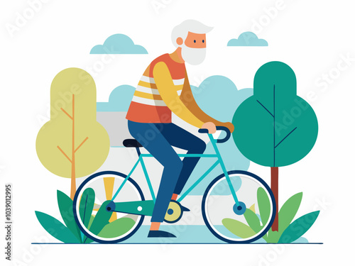 An elderly man rides a blue bicycle through a colorful park filled with trees and greenery on a sunny day