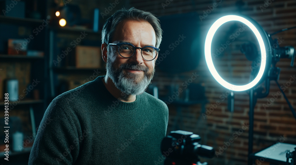 Bearded man recording content in a loft studio – high contrast and hard lighting with ring light in an industrial-style setting. Bearded man recording content in a loft studio – high contrast and hard lighting with ring light in an industrial-style setting.
