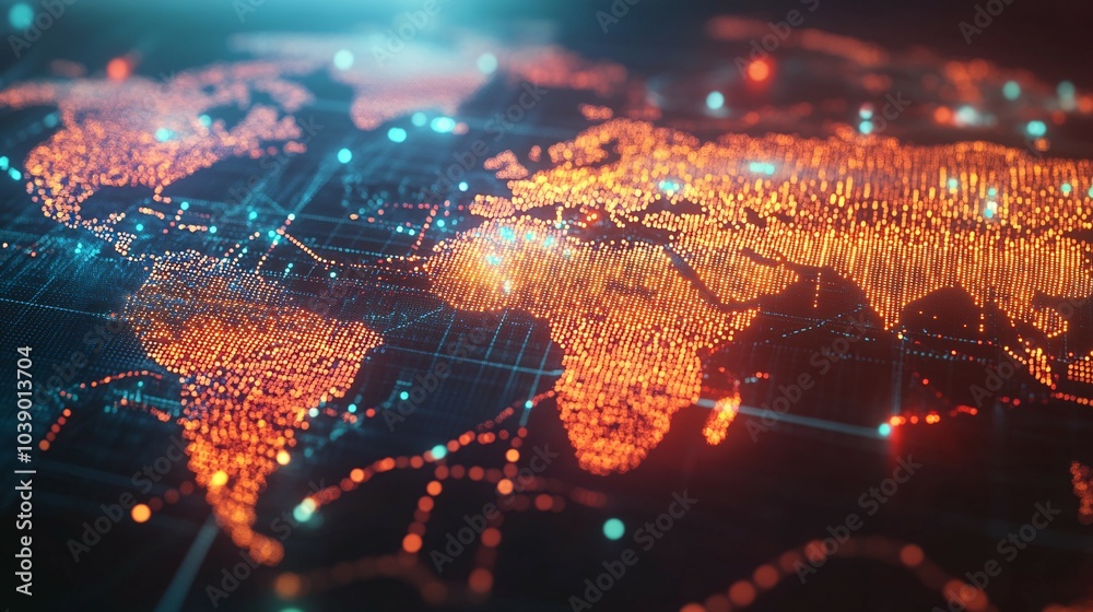 Digital World Map with Glowing Orange and Blue Points Digital World Map with Glowing Orange and Blue Points