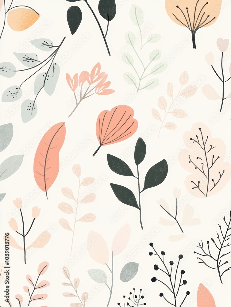 Delicate doodles of various leaves and flowers blend harmoniously, forming a serene nature-inspired design in soft colors. Generative AI Delicate doodles of various leaves and flowers blend harmoniously, forming a serene nature-inspired design in soft colors. Generative AI