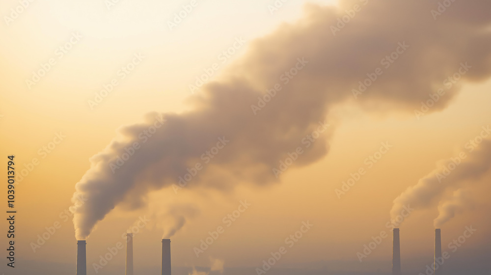 Urban Landscape, Industrial Pipes Releasing Smoke Into The Morning Air. Environment, Air Pollution, Factory, Global Warming Urban Landscape, Industrial Pipes Releasing Smoke Into The Morning Air. Environment, Air Pollution, Factory, Global Warming