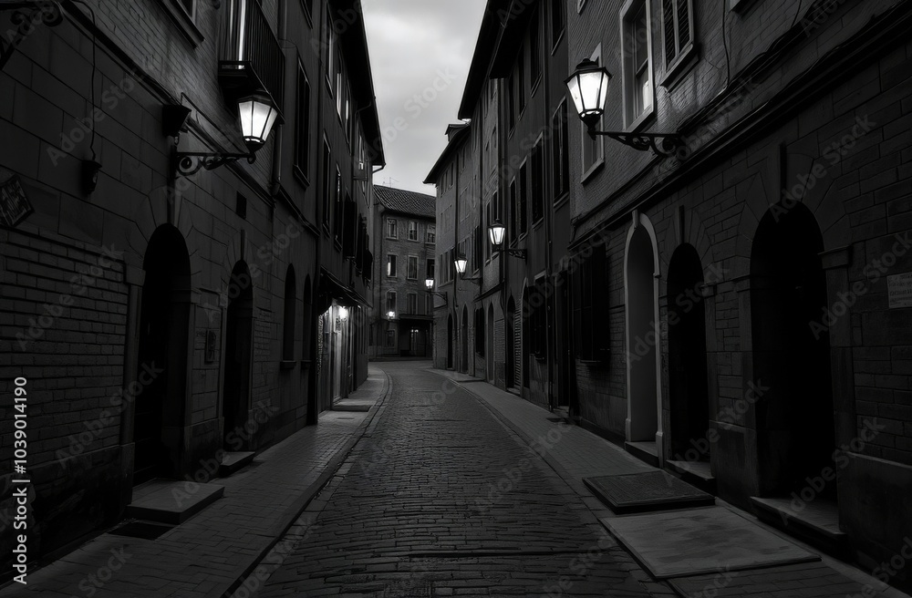 A black-and-white photograph of a deserted alleyway in an old European town, with cobblestone streets and lanterns casting eerie shadows. A black-and-white photograph of a deserted alleyway in an old European town, with cobblestone streets and lanterns casting eerie shadows.