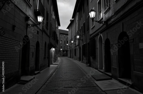 A black-and-white photograph of a deserted alleyway in an old European town, with cobblestone streets and lanterns casting eerie shadows. photo